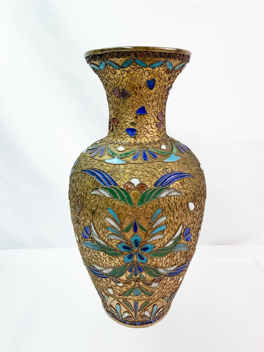 Vintage Brass Floral Cloisonne Oriental Vase 6”